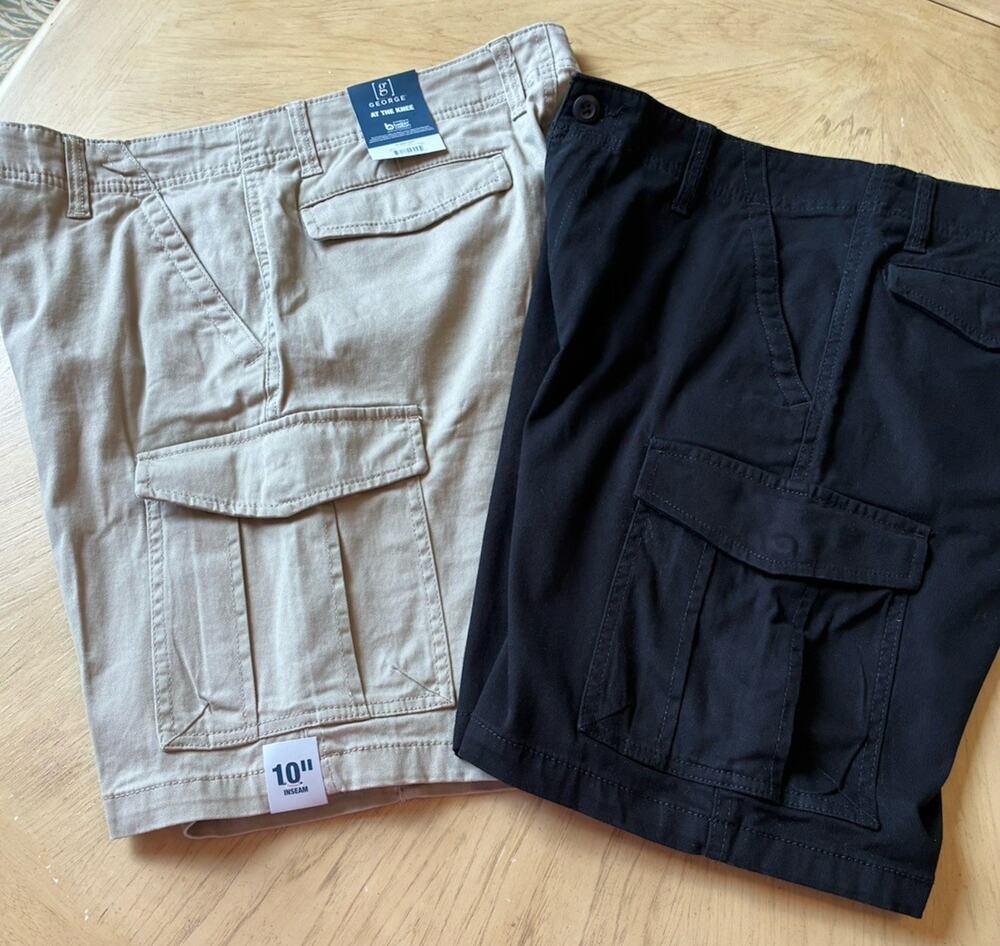 2 NEW men's 32 cargo Shorts black & Khaki Long Knee Length Utility Outdoor Lot 2